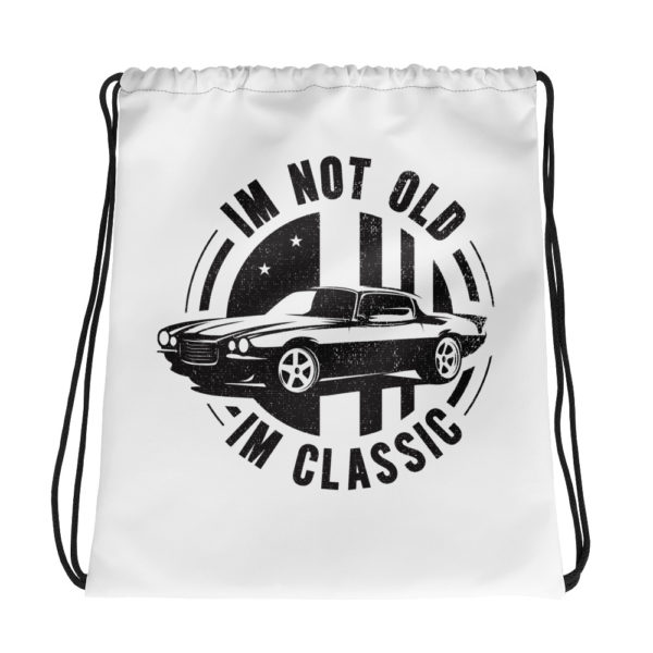 White Drawstring Backpack with Vintage Car