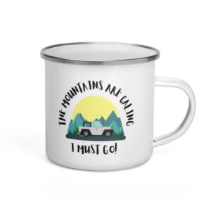 The Mountains Are Calling White Enamel Jeep Camping Mug